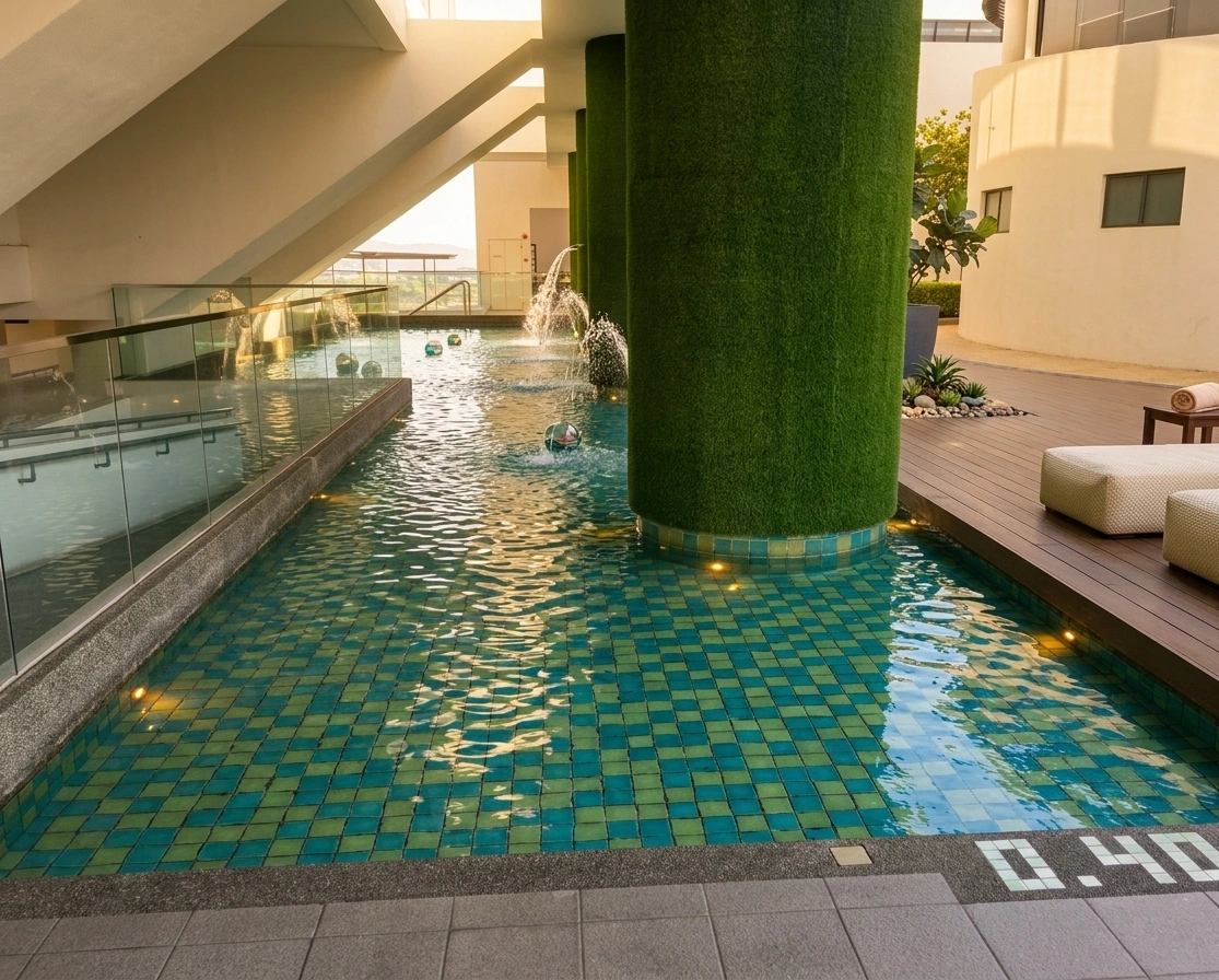 Indoor mosaic-tiled pool with water features at Woodsbury Suites