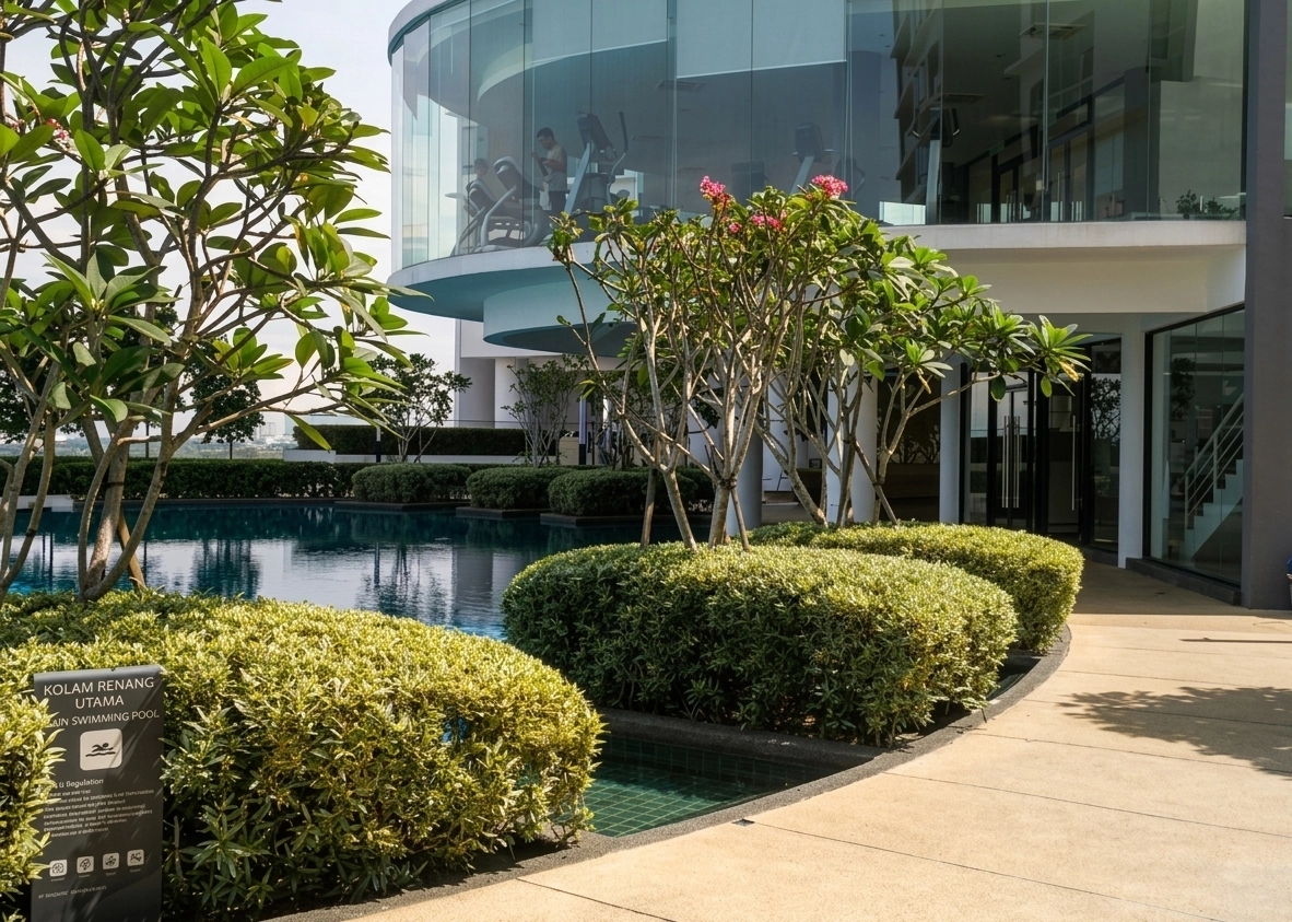 Lush garden courtyard with main swimming pool