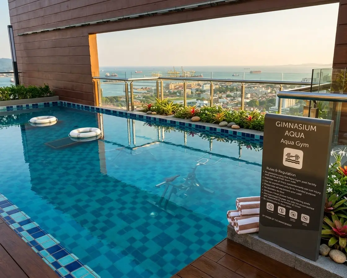 Rooftop pool with sea and island views at Woodsbury Suites Butterworth